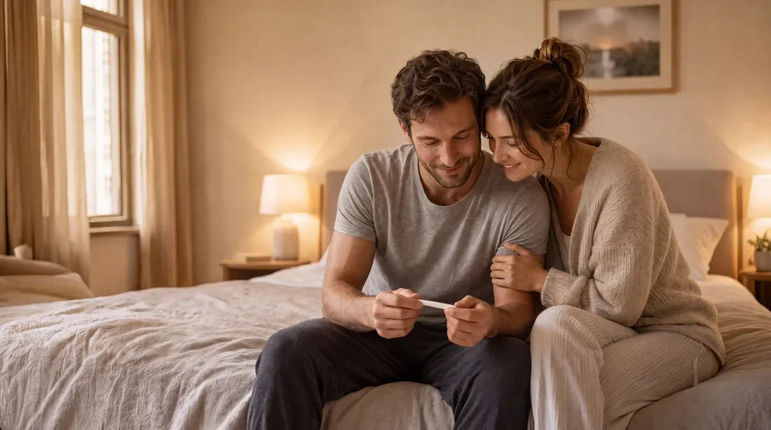 A couple looking at a test result together at home