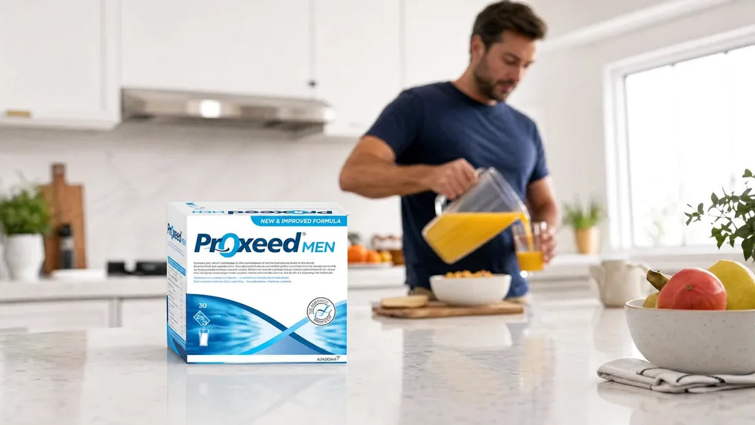 Proxeed MEN on the kitchen counter at breakfast