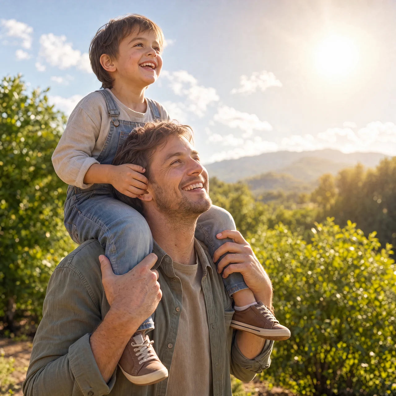A father carrying his son on his shoulders in the sun