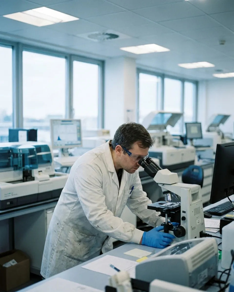 A scientist examining a sample under a microscope