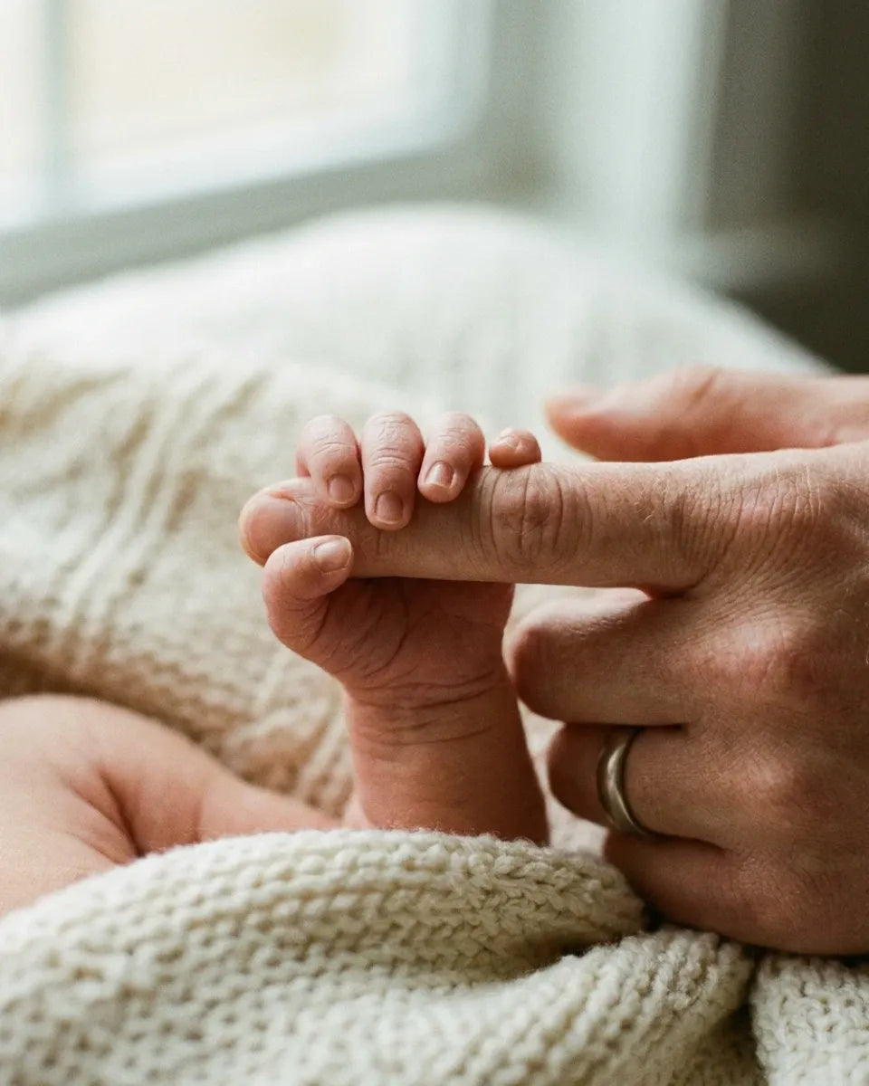 A newborn's hand holding a parent's finger