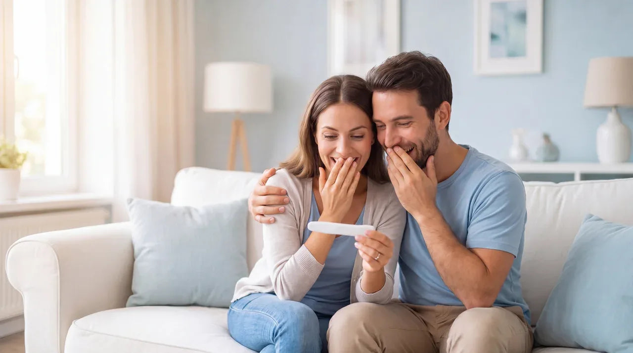 A couple reading their result together on the sofa