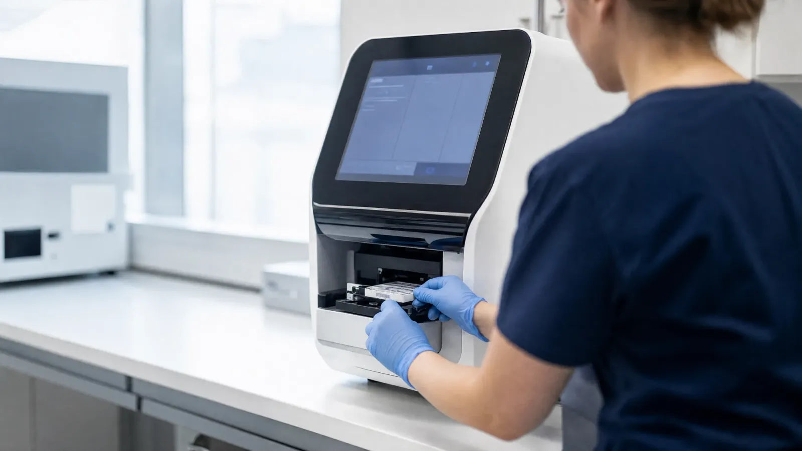 A scientist loading a sample cassette into a benchtop analyser