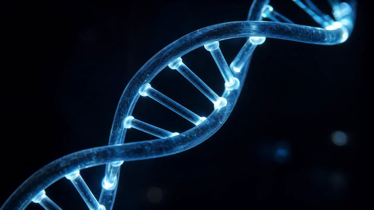 Glowing DNA double helix — the target oxidative stress damages