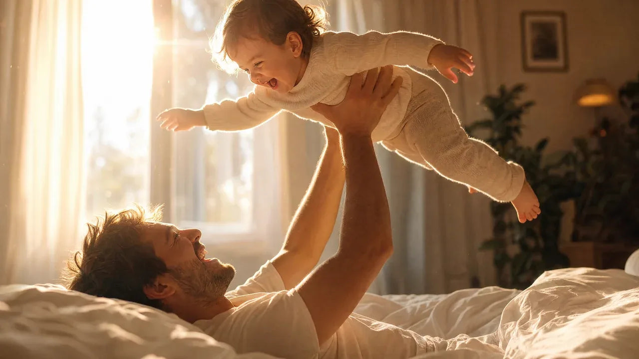 A father lifting his laughing baby in the morning light