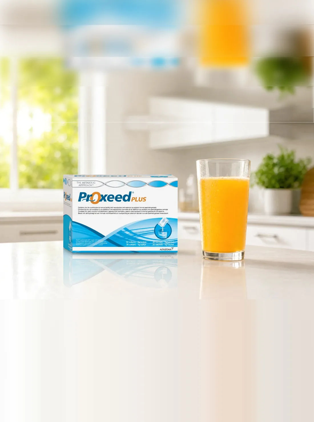 Proxeed Plus with a glass of orange juice