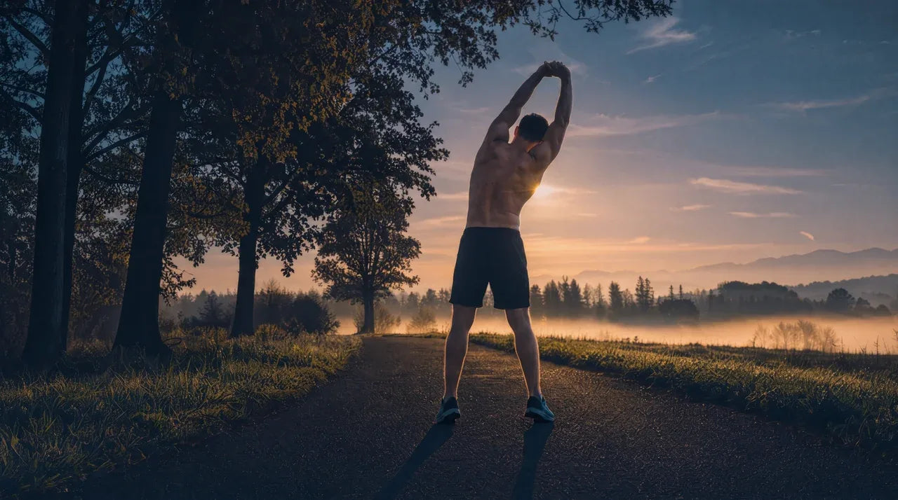 A man stretching on a misty road at sunrise