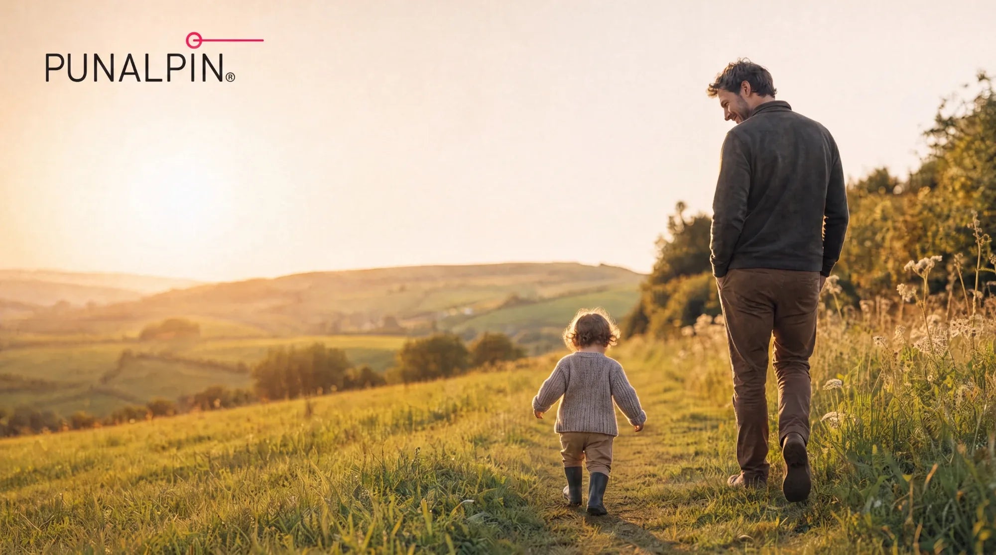 Father and toddler walking through a golden field at sunset