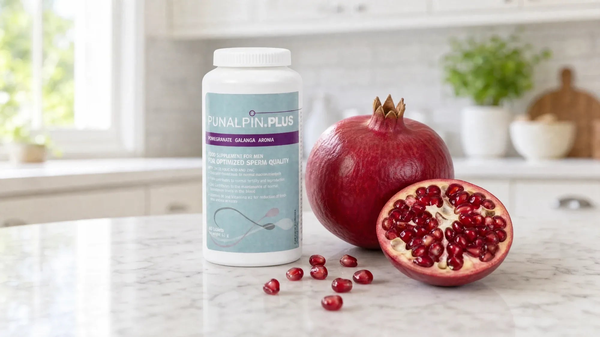 Punalpin PLUS bottle on a kitchen counter beside a whole and a halved pomegranate